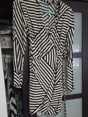 H&M Black and White Long Sleeve Striped Wrap Dress